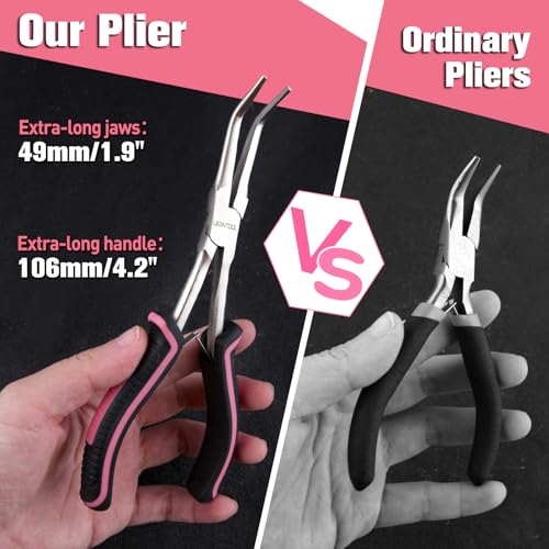 7-Inch Long Reach Bent Needle Nose Pliers Smooth Jaws Bent Long Nose Pliers Extra Long Needle Nose Pliers Jewelry Pliers for Jewelry Making, Wire Wrapping and Object Gripping, Non-slip Handle - style: Bent Needle Nose Plier Smooth Jaws