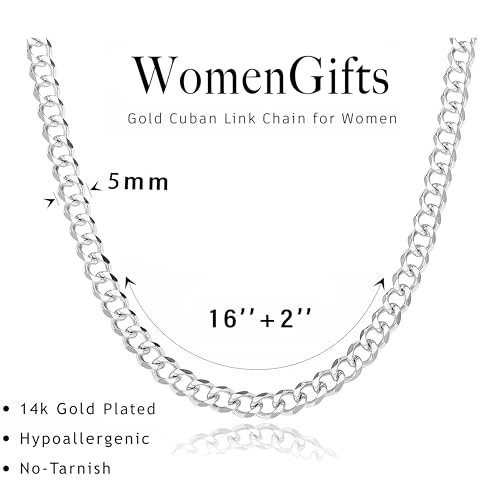 WomenGifts Cuban Link Chain Necklace for Women, Waterproof 14k Gold Silver Plated Chain Choker, Non Tarnish Stainless Steel Jewelry, 3.5/5/6/8/11mm,14/16/18 Inch Thin&Chunky&Thick - color: Silver, style: 5MM-16"