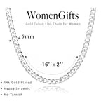 WomenGifts Cuban Link Chain Necklace for Women, Waterproof 14k Gold Silver Plated Chain Choker, Non Tarnish Stainless Steel Jewelry, 3.5/5/6/8/11mm,14/16/18 Inch Thin&Chunky&Thick - color: Silver, style: 5MM-16"