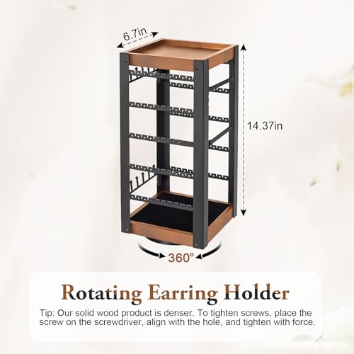 keomaisyto Rotating Earring Holder, Jewelry Holder Organizer with Ring Tray/Necklace/Bracelet Hooks, 360°Earring Organizer with Stable Bamboo Base for Jewelry Display (Patent Pending) - color: Black