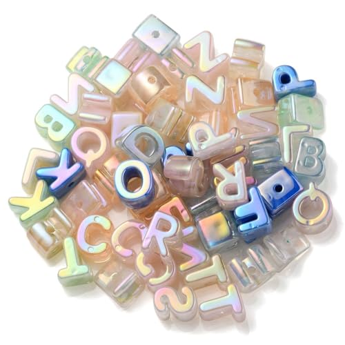 DanLingJewelry 100Pcs Random AB Color Plated Acrylic Letter Beads Large Hole UV Plating Iridescent Alphabet A~Z Beads for Jewelry Making DIY