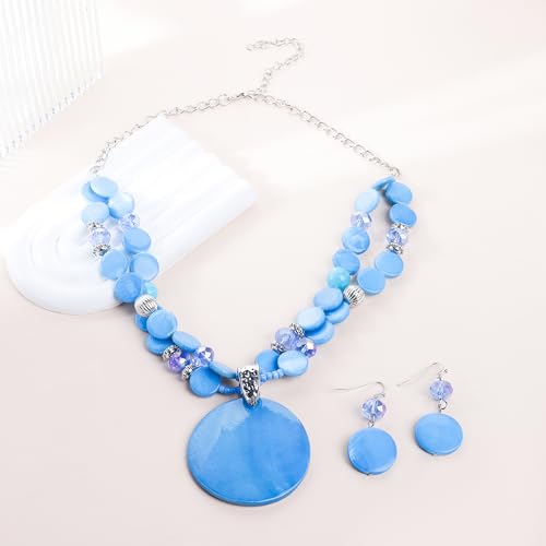 Layered Beads Statement Fashion Necklace Chunky Jewelry Set Big Colorful Glass Stone Circle Shell Pendant Choker Necklace and Earring Set for Women - color: light blue
