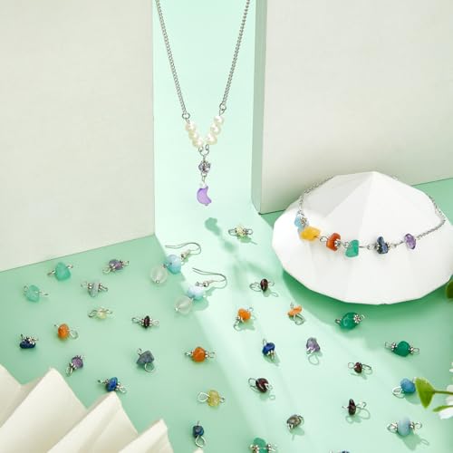 SUPERFINDINGS 84Pcs 7 Colors Gemstone Chip Charms Natural Stone Link Charms Double Loops Connector Antique Silver Stone Charm DIY Jewelry Making for Necklaces Bracelets Anklets