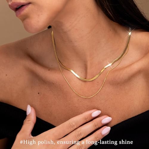 3PCS Gold Necklaces for Women,Chunky Statement Gold Plated Necklace Stack Layered Sterling Silver Herringbone Chains for Women Dainty Trendy Silver Chains Stacked Jewelry Gifts - color: gold dainty necklace set