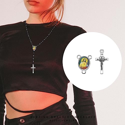 60Pcs/30Sets Rosary Making Kits Supplies Alloy Religion Cross and Center Medal Charms Pendant Oval Chandelier Links for Diy Prayer Necklace Jewelry - color: Antique Silver