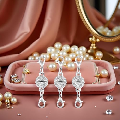 Magnetic Crystal Ball Jewelry Clasps Set, Gold and Silver Plated, Easy-to-Use Connectors with Lobster Closures for Necklaces (3pcs Silvery) - color: 3pcs silvery