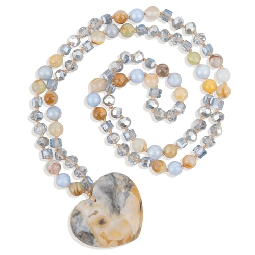 Long Necklaces for Women Boho, Oval Waterdrop Turquoise Pendant, Natural Stone Beaded, Handmade,Vintage & Elegance, Boho Fashion Charm Beaded Necklace for Women - style: G-Tan Agate Pendant
