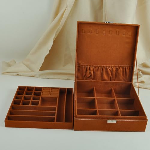Jewelry Boxes 10 x 10 Inches 2-layer Handle Necklace Holder Organizer Jewellery Women Rings Storage Display Girls Earrings Case Lockable Jewelry Tray GY641 (Caramel) - color: Caramel