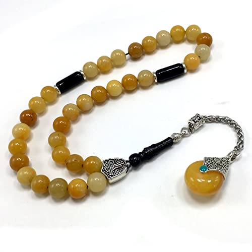 Simple Designed Natural Stone Worry Beads - Prayer Beads Tesbih-Tasbih-Tasbeeh-Misbaha-Subha-Sebha-Sibha-Rosary (Yellow Jade Natural Stone -8 mm 33- Beads/Drop Tassel) - color: Yellow Jade Natural Stone -8 mm 33- Beads / Drop Tassel