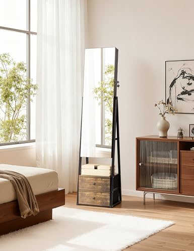 Nicetree Jewelry Cabinet Armoire with 2 Drawers, Lockable Standing Jewelry Mirror Cabinet, Full Length Mirror with Jewelry Storage, Rustic Brown - color: Rustic Brown