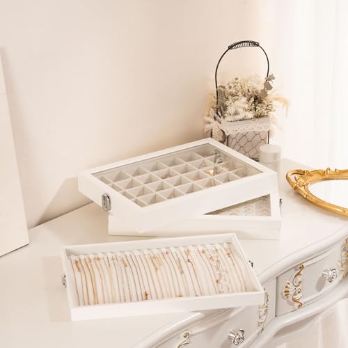 Lolalet Jewelry Organizer Tray with Lid, 35 Grids Velvet Earring Organizer Holder Storage Box for Drawer -Beige - style: 35 Grid