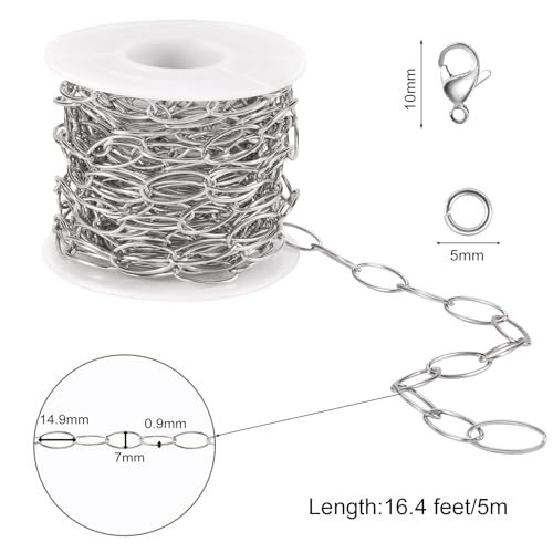SMYHTGLIF 5 Meters Silver Stainless Steel Chain for Jewelry Making Round Wire Paperclip Chain Bulk Oval Link Jewelry Findings - color: Ellipse Silver