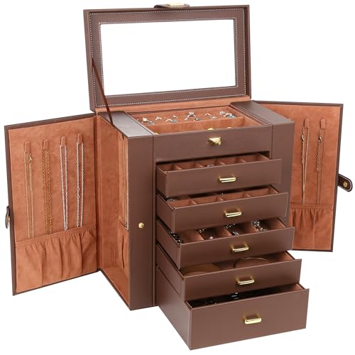 Kendal Extra Large Jewelry Box Jewelry Case PU Leather 6 Tier 5 Drawers Large Storage Capacity with Mirror Jewelry Storage Organizer Great Gift Also Good For Watches LJC-SHD5BN (Brown) - color: Brown, size: Extra-Large(12.7"x12"x6.7")