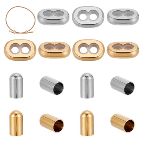 arricraft 4 Sets 2 Colors Stainless Steel Stopper Beads, Insert 2-hole Metal Adjustable Slide Clasp Beads with Column End Caps for DIY Bracelet Necklace Jewellery Making Accessories