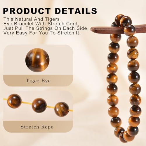 8mm Tigers Eye Bracelets for Women Men 7 inch Round Beaded Stretch Bracelet Natural Gemstone Handmade Polishing Stone for Spiritual Healing Meditation Yoga