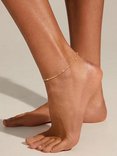 U7 Women Girls Barefoot Jewelry 18K Gold or Rose Gold Stainless Steel Heart/Rope/Figaro/Cuban Chain Anklet Foot Bracelet, 25-30 CM Long - color: Gold Plated-Bead Chain