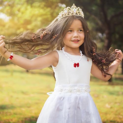 Princess Jewelry for Little Girls, Handmade Bow Pearl Kids Jewelry Set, Stretch Necklace Bracelets Rings and Clip on Earrings, Perfect for Dress Up, Birthday Parties, and Costume Play - color: Red