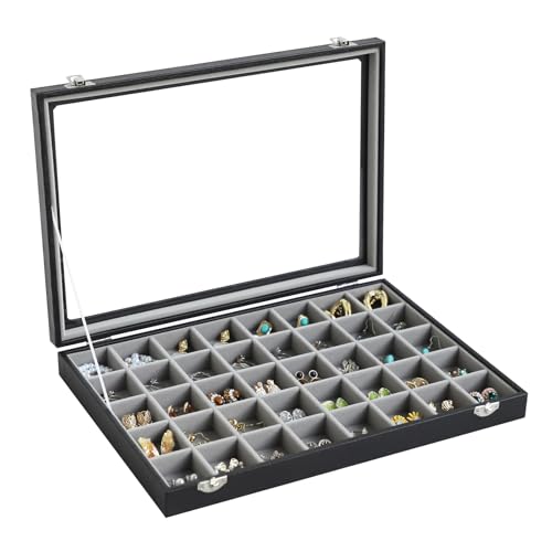 Stratalife Jewelry Organizer 40 Grid Gray Black Jewelry Tray with Clear Dust-proof Lid Velvet Earring Organizer Necklace Rings Holder Display Drawer Storage Case for Women - color: Gray-Black, size: 40 Grid