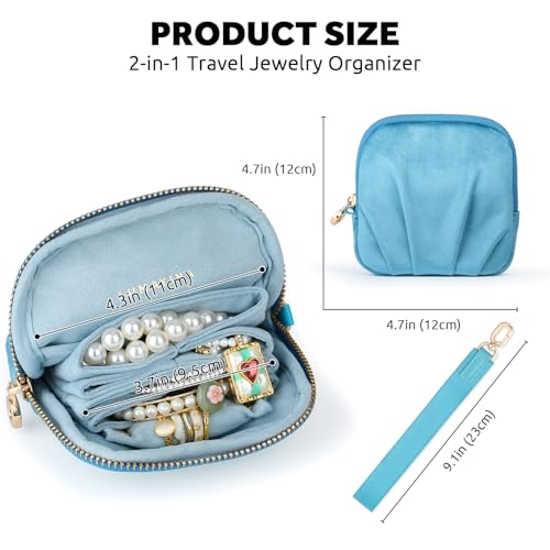 Velvet Travel Jewelry Pouch, 2-in-1 Clamshell Case with Detachable Insert, Portable Travel Jewelry Organizer with Wrist Strap, Converts to Mini Coin Purse, Gift for Women & Girls (Teal Blue) - color: Teal Blue