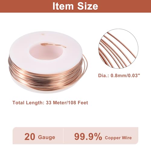 uxcell Soft Copper Wire (20 Gauge, 108 FT), 99.9% Pure Bare Copper Wire 0.8mm Solid Craft Wire for DIY Crafting Gardening Decoration (33Meter) - size: 20 Gauge x 108 FT