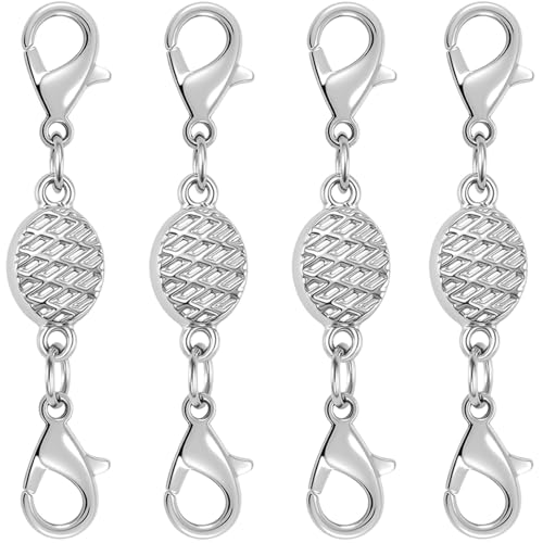 Magnetic Necklace Clasps and Closures-Magnetic Safety Clasp Extender with Lobster Clasps, Pineapple Texture Design, Gold and Silver (4pcs Silver) - color: 4pcs silver