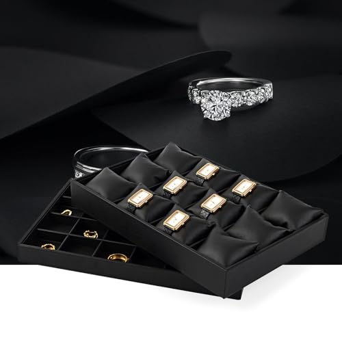 Oirlv Black Premium Leather 12 Grid Jewelry Insert Watch Tray With Removable Pillow Bracelet Bangle Storage Organizer Tray - style: P01709