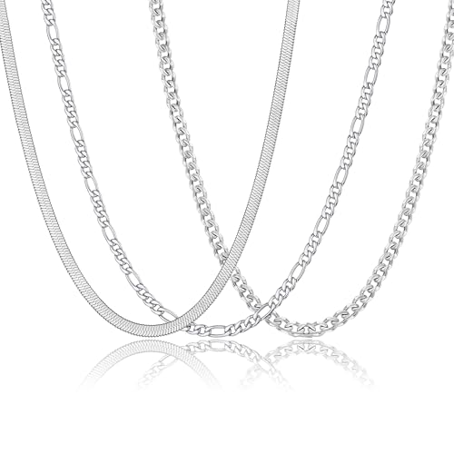 Graduation Gifts -3 Pcs Chain for Men Necklace for Boys 316L Stainless Steel Cuban Link/Figaro/Herringbone Chains Set Jewelry Gifts for Men Women Boys Black/Gold/Silver 16/18/20/22/24 Inches - color: Type A-Silver, size: 22''