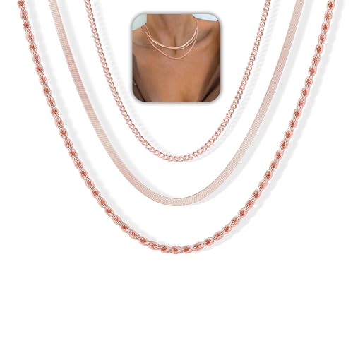 Freekiss Women's Layered Necklace Set - 3 Piece Dainty Gold Jewelry for Everyday Stacking | 14K Gold Plated Snake Chain, Rope Chain, Cuban Chain | Adjustable Length 14-18.5 Inch | Gift Ready - color: Rose Gold, style: 3Snake+Rope+Cuban