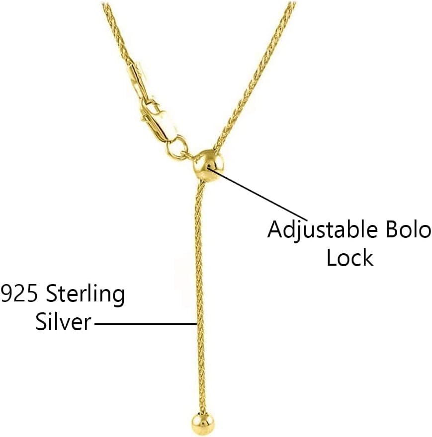 Savlano 925 Sterling Silver 1.8MM Square Wheat Fox Tail Spiga Chain Necklace - 18K Gold Plated Adjustable Bolo 14-24 Inches Chain for Women. Comes with a Gift Box - Made in Italy - style: Silver Yellow Gold Plated
