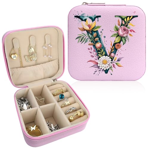 Monogram Jewelry Box Portable Print Jewelry Box, Pink Compact Jewelry Box Travel Jewelry Case Travel Case Organizer Bag Storage Box Jewelry Holder For Necklace Earrings Rings Bracelet (Letter V) - color: Letter V