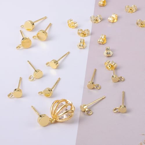 12Pcs Gold Earring Posts with Loop, 3/4/5mm Flat Studs Earring Hook Hypoallergenic 925 Sterling Silver Earrings Findings Butterfly Backs Supplies Set Gold Ear Studs Posts for Earrings Jewelry Making - color: Flat_Gold