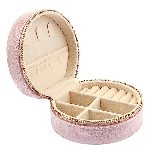 DesignSter Travel Jewelry Box - Velvet Mini Jewelry Organizer, Small Jewelry Case for Girls Women, Jewelry Storage Box for Rings Earrings Necklace (Circular, Lotus Pink) - color: Lotus Pink, size: Circular
