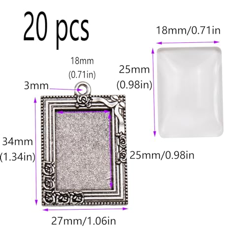 20Pcs Pendant Trays,Bezel Pendant Trays Blanks with Glass Cabochons for Pendants Making and DIY Jewelry Making(18×25mm)