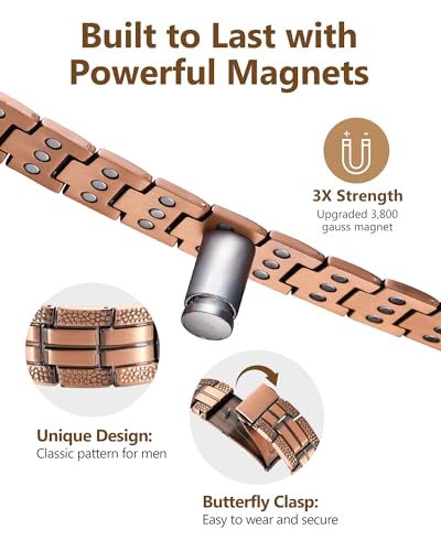 Feraco Copper Bracelet for Men 3X Strength,Magnetic Therapy Bracelet Copper Jewelry with Powerful 3800 Gauss Magnets - style: Textured Energy Bracelet