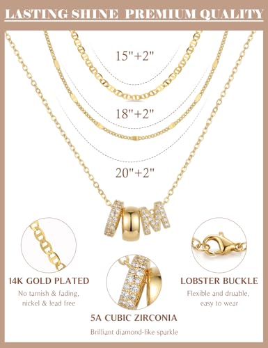 Layered Gold Necklaces for Women, 14K Gold Plated Dainty Cubic Zirconia Rondelle Initial Pendant Necklace, Chunky Stackable Mariner Chain Choker, Trendy Personalized Name Jewelry Gifts for Women - style: Letter M