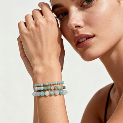 3Pcs Natural Healing Crystal Bracelets for Women Men, 4mm 6mm 8mm Beaded Stretch Bracelet Set, Black Tourmaline Natural Stone Gemstone Jewelry Gifts for Meditation, Reiki & Yoga - color: Amazonite