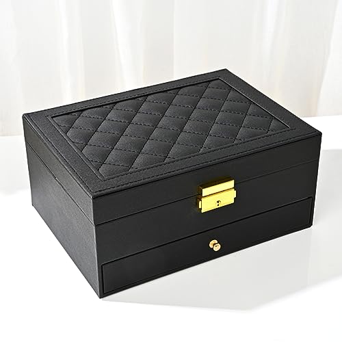 GUOER Jewelry Box for Women Girl Wife - Large PU Leather Jewelry Organizer Storage Case with Two Layers Display for Earrings Bracelets Rings Watches Mothers Day Gifts (Black) - color: Black-01