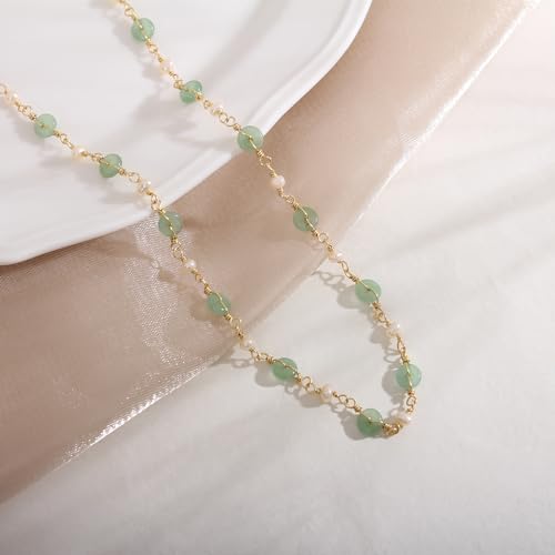 14K Gold Plated Natural Jade & Pearls Necklaces for Women, Natural Freshwater Pearls Jade Pendant Lucky Green Jewelry Chain for Women Lover (14K Gold Plated)