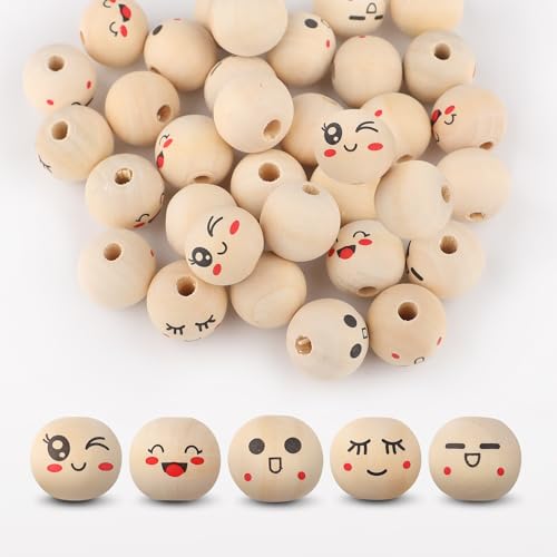 50PCS Natural Wood Beads, 20mm Smile Face Round Wooden Beads for DIY Crafts, Jewelry, Christmas Angel Decorations(5 Style) - color: 5 Style