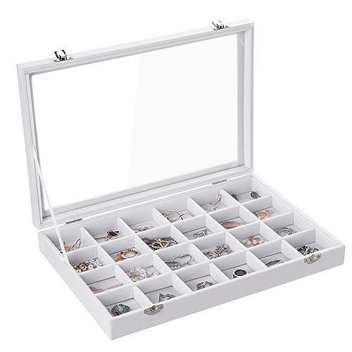 Frebeauty Jewelry Organizer Tray with Clear Lid 24 Grid Velvet Drawer Insert Jewelry Storage box with Transparent Glass lid Jewelry Display Case with Lock Gifts for Girls Women (White, 24 Grid) - color: White, size: 24 Slots
