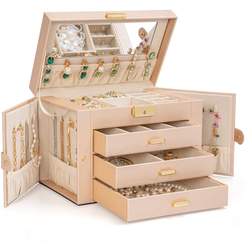 AKOZLIN Large 4-Tier Jewelry Box Leather Jewelry Storage Organizer with 3 Drawers Lockable for Women Girls Ring Necklace Earring Bracelet Watches Holder with Mirror Champagne - color: Champagne-gold, size: Large-4 Layer