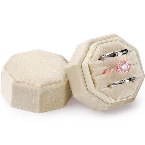 Velvet Ring Box 3 Slots, Premium Jewelry Ring Storage Gift Box Vintage Ring Display Holder Case for wedding ceremony Proposal Engagement (Ivory) - color: Ivory