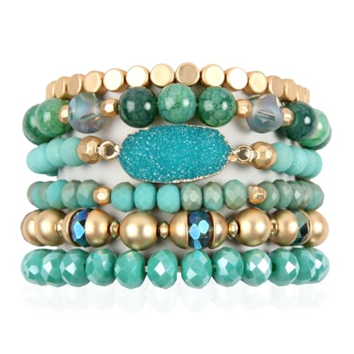 RIAH FASHION Bohemian Acrylic Druzy Multi-Layer Bead Statement Bracelet - Versatile Faux Stone Pendant Stretch Strand Stackable Cuff Bangle Set Sparkly Crystal - color: Bohemian Oval Druzy Set - Turquoise