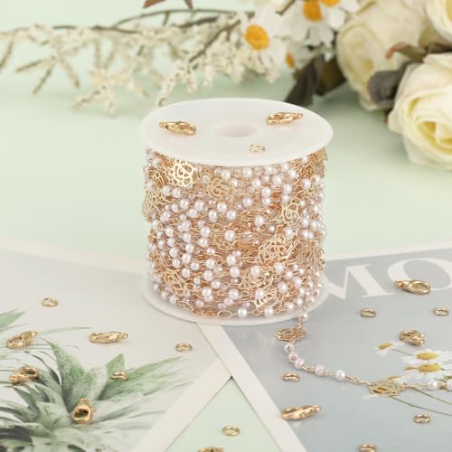 KYUNHOO 16.4 Feet 3MM Faux Pearl Bead Chain for Jewelry Making Rose Flower Link Brass Cable Chains Bulk with Clasps for Handcraft DIY Finding Supplies - color: Flower Pearl