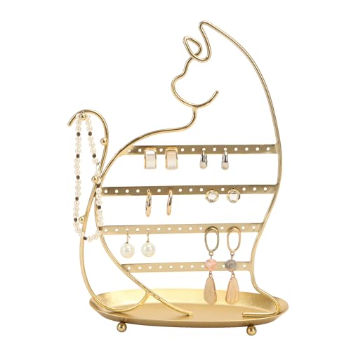 NIKKY HOME Cat Earring Holder Hanging Organizer Stand Metal Jewelry Tree Table Top Ear Stud Holder Tower Rack with Ring Tray and Hook for Girls (56 Holes), Gold