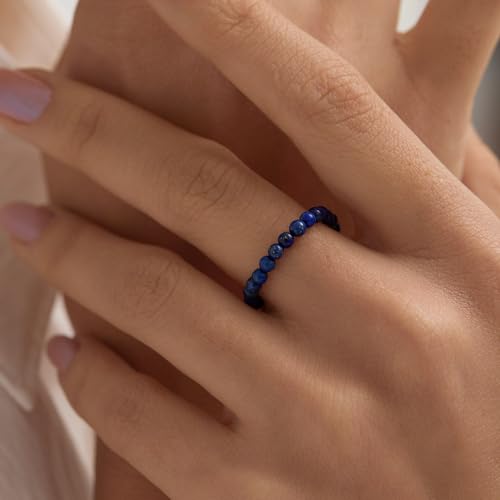 NLIEO Natural Gemstone Stretch Beaded Rings for Women Stackable Dainty Elastic Crystal Rings Jewelry - style: Lapis Lazuli