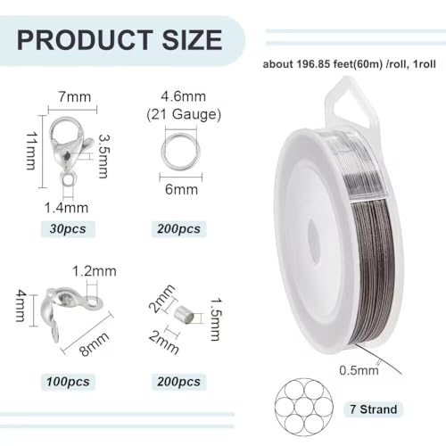 BENECREAT 196-Feet 0.5mm Stainless Steel 7-Strand Beading Wire with Accessories for Jewelry Making - size: 0.5mm, style: 7 Strand