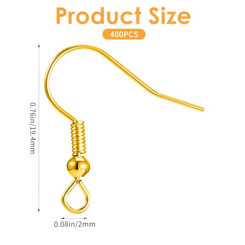 400 Pcs Stainless Steel Earring Hooks Fish Hook Earrings for Jewelry Making Gold French Wire Hooks Coil and Ball Style Earwires Ear Wires for Women DIY Dangle Earrings Crafts Supplies - color: Gold