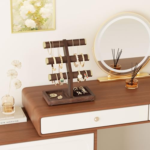 SRIWATANA 1 Bracelet Holder, Jewelry Display Stand Birthday Mother's Day Christmas Wood Solid Wood Classic Design Non-Slip Pad Metal End Cap Keeps Jewelry Secure T-Bar Organizer for Bracelets - Walnut - color: Walnut