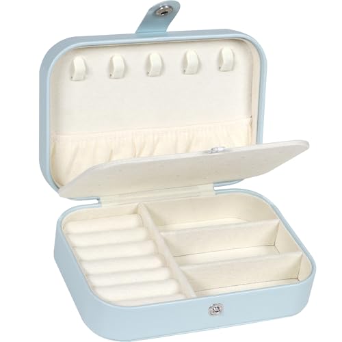 Hatori Travel Jewelry Box, PU Leather Small Jewelry Organizer for Women Girls, Double Layer Portable Mini Travel Case Display Storage Holder Boxes for Stud Earrings, Rings (Light Blue) - color: Light Blue